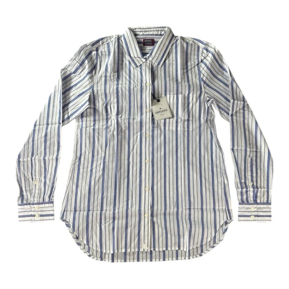 UNTUCKit Pinot Perse Women’s Blue White Striped Button Down Shirt Size 12R NEW - Picture 1 of 10